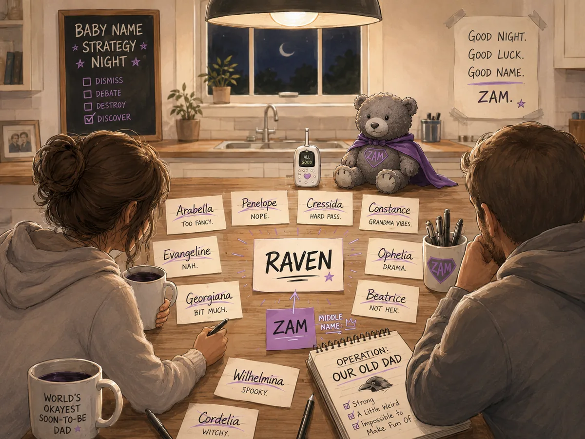 A warmly lit kitchen table covered with baby-name cards, with Raven and Zam marked as the winning combination.