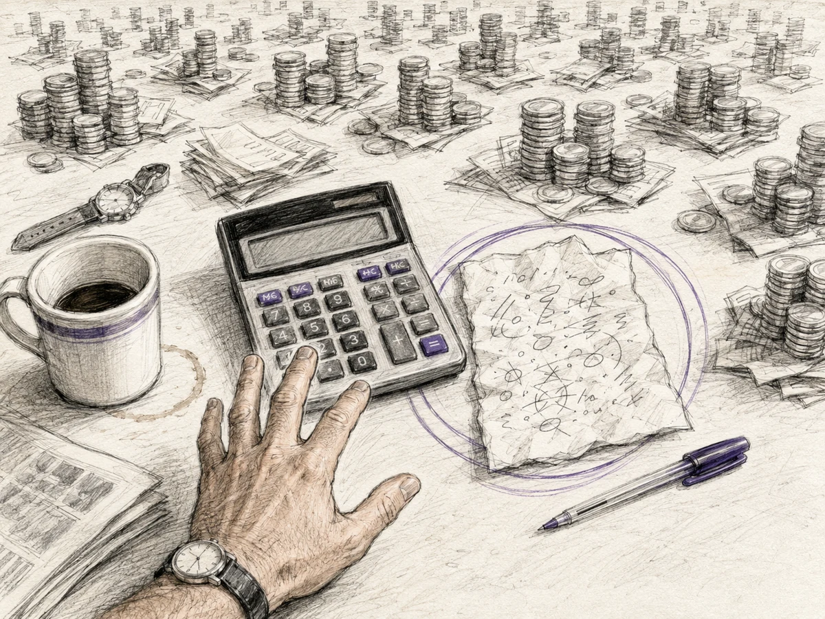 A calculator, coffee, and scribbled napkin surrounded by multiplying stacks of money during an astonished calculation.