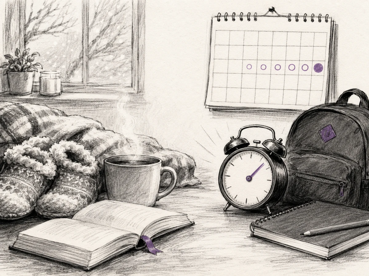 Charcoal sketch of a peaceful winter break gradually giving way to the approaching school week.