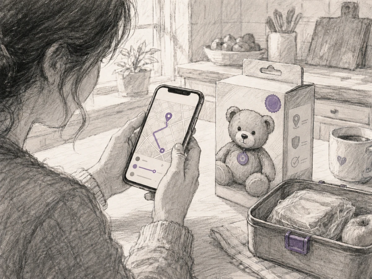 An anonymous parent in a bright kitchen studies a child-tracking app beside a teddy bear package and packed school lunch.
