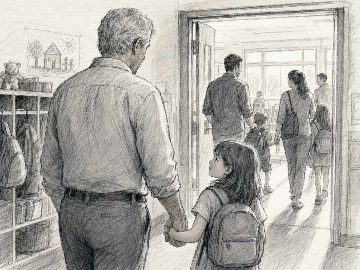 A young girl holding her older father’s hand outside a kindergarten classroom.