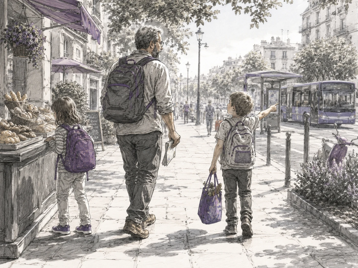 Sketch-style illustration of a father and two children walking through a neighborhood street with a bakery, bus stop, and groceries, suggesting daily life in a new place.