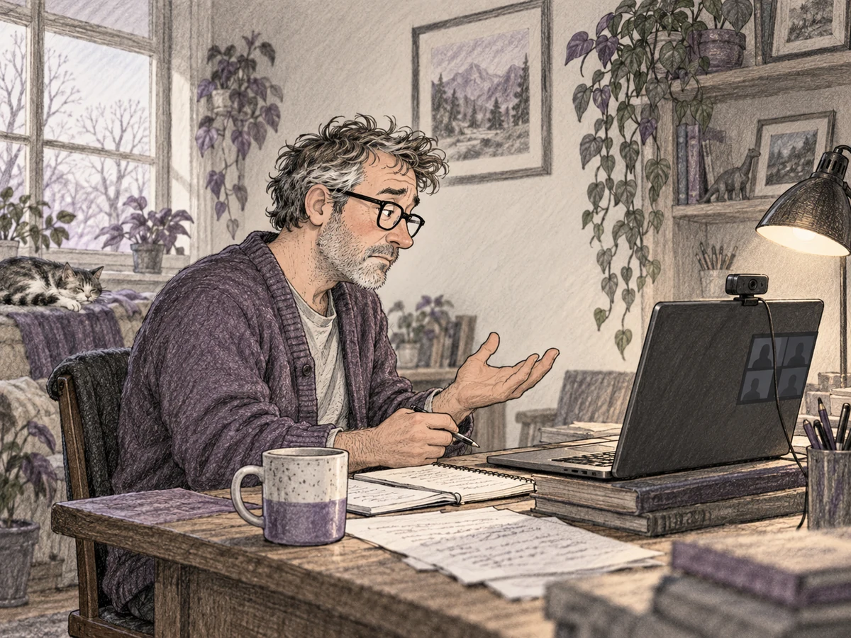 An older man speaks toward a laptop webcam in a quiet room, recording another video without knowing who will watch.