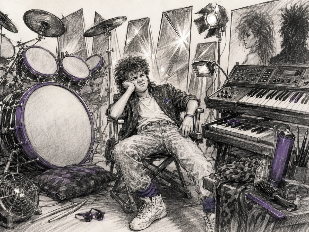 Editorial charcoal sketch of a skeptical teenage listener surrounded by exaggerated glossy 1980s drums, synthesizers, and hairspray styling.