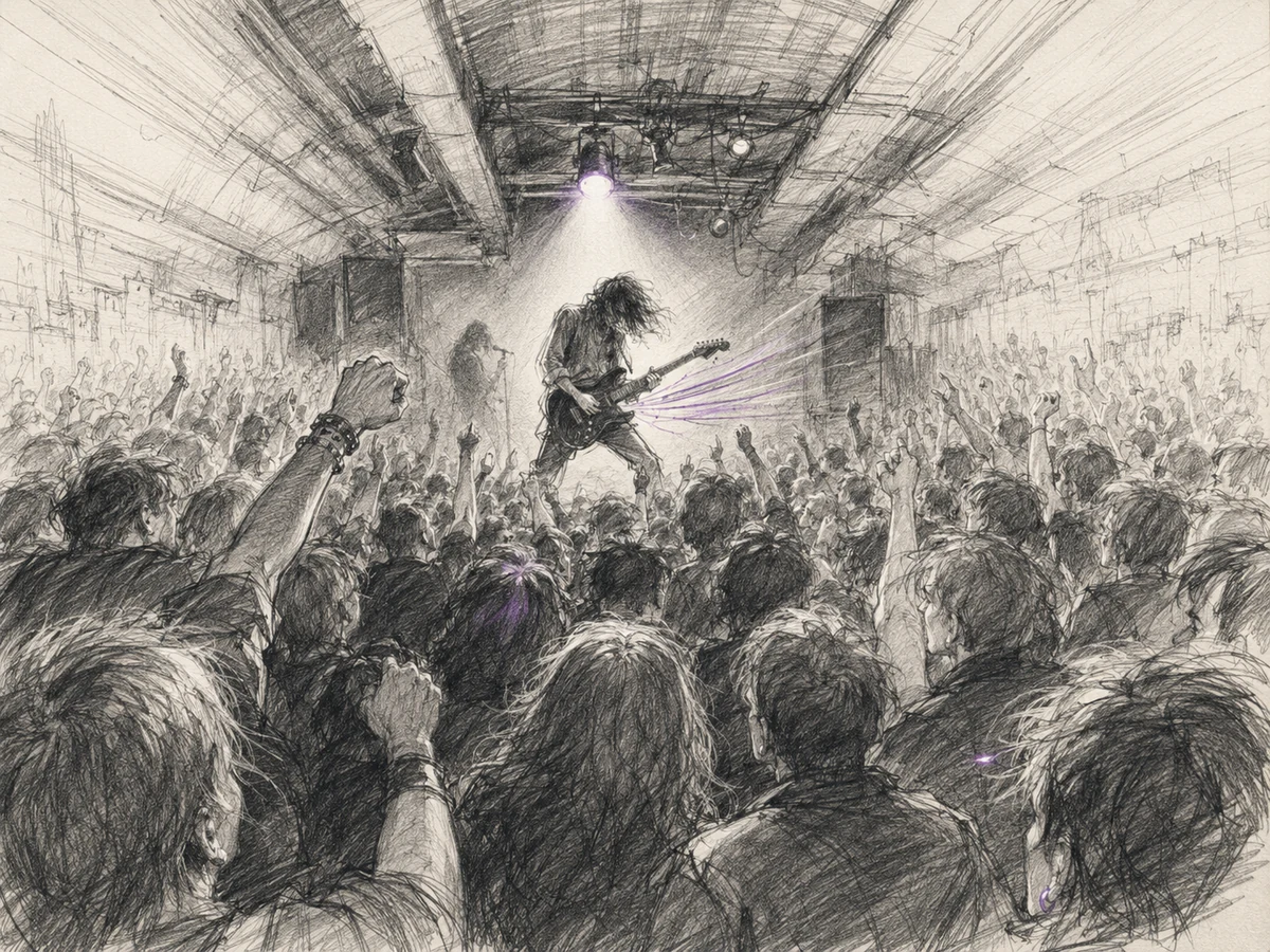 A crowded 1985 club seeming to expand as a guitarist launches into a huge opening riff.
