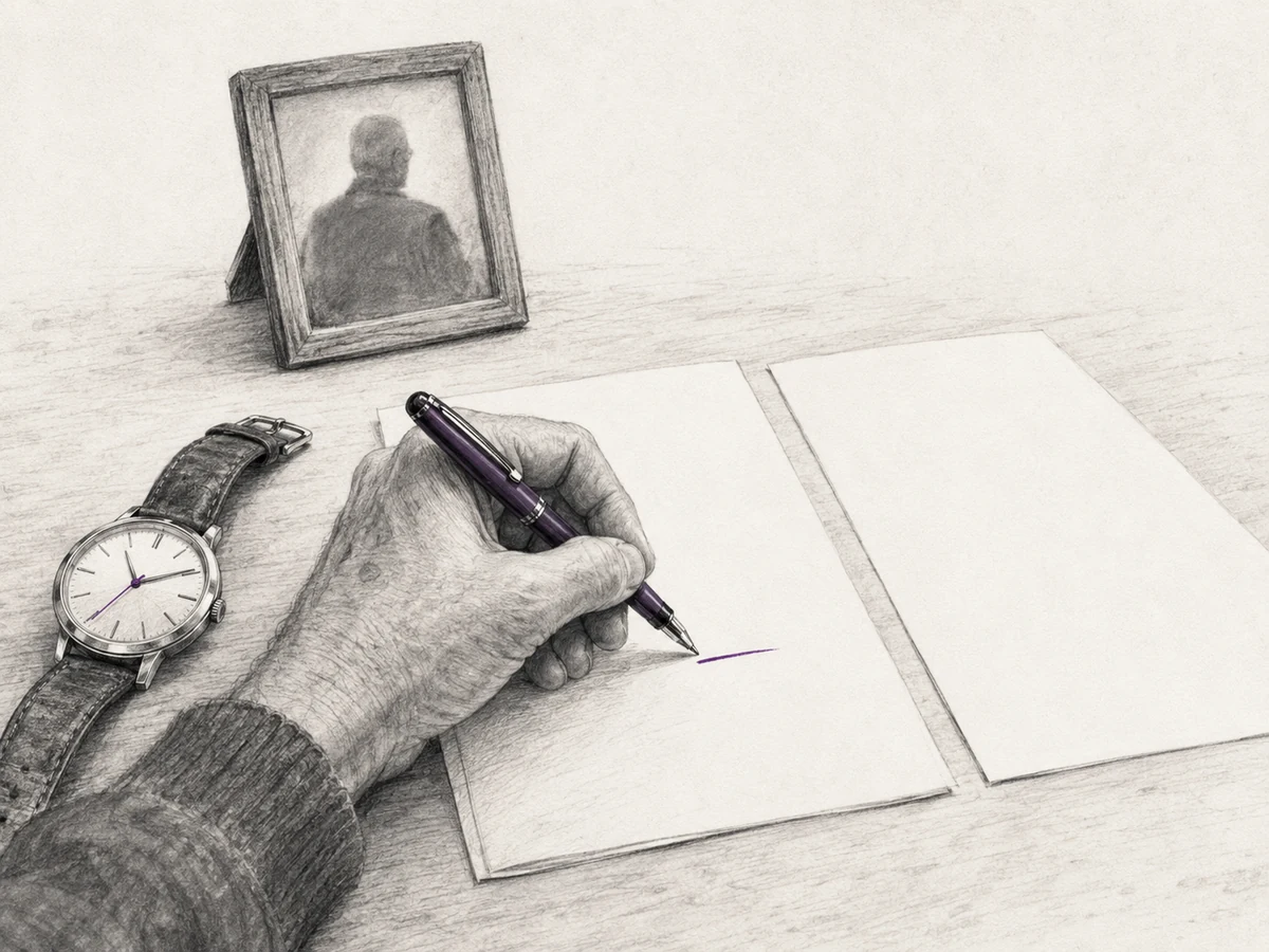A father’s writing hand beside an old watch and a small indistinct family photograph.