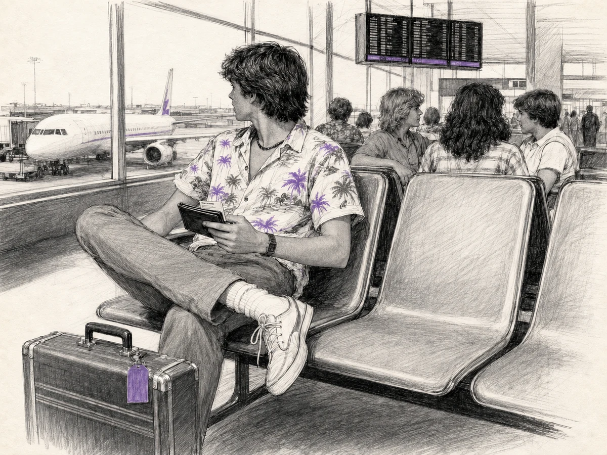 A teenage traveler in bright tropical clothes waits at a 1983 airport gate for a flight to Honolulu.