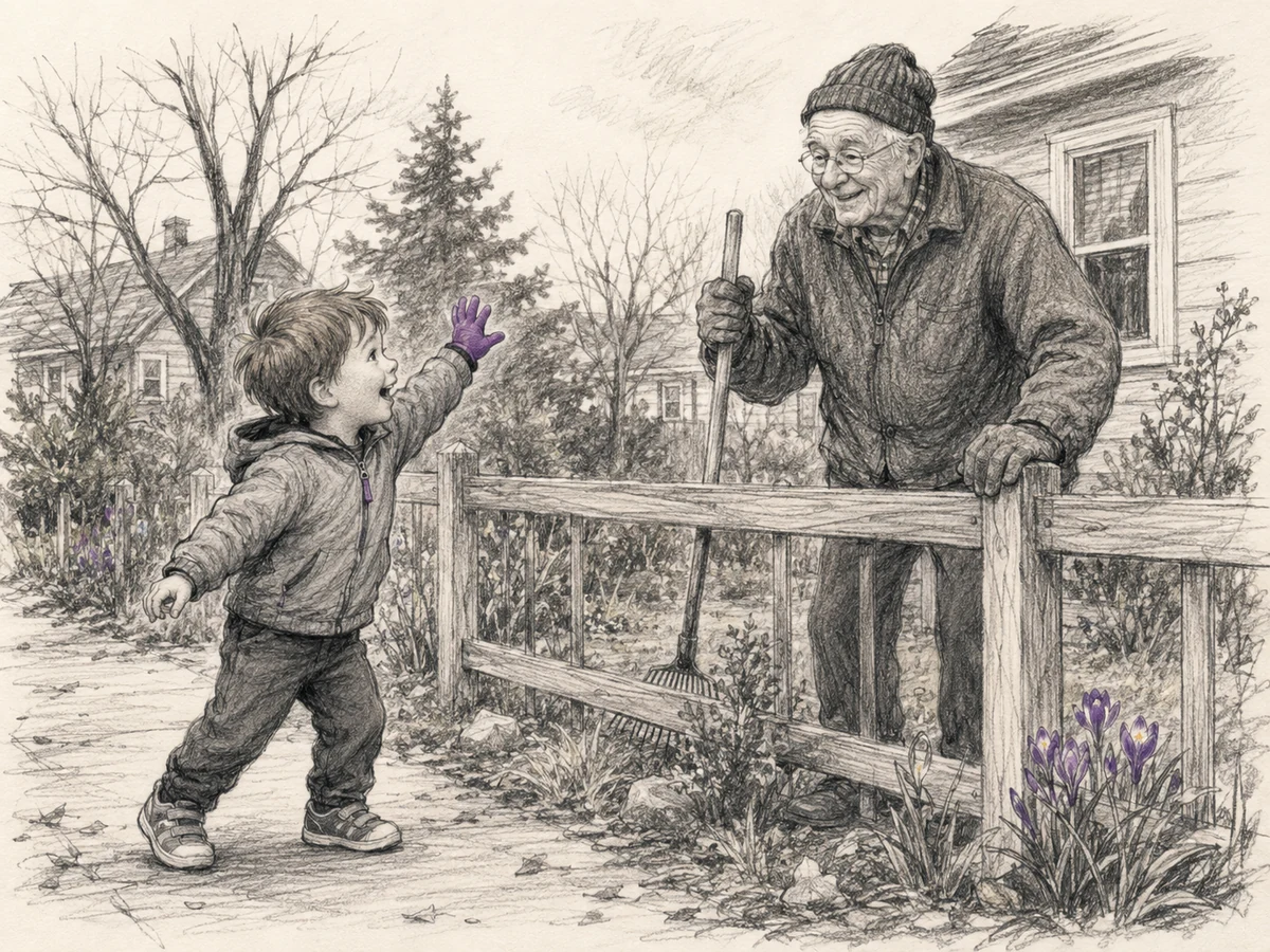 A small boy waves excitedly at the elderly neighbor he mistakenly calls Mr. Wonka.