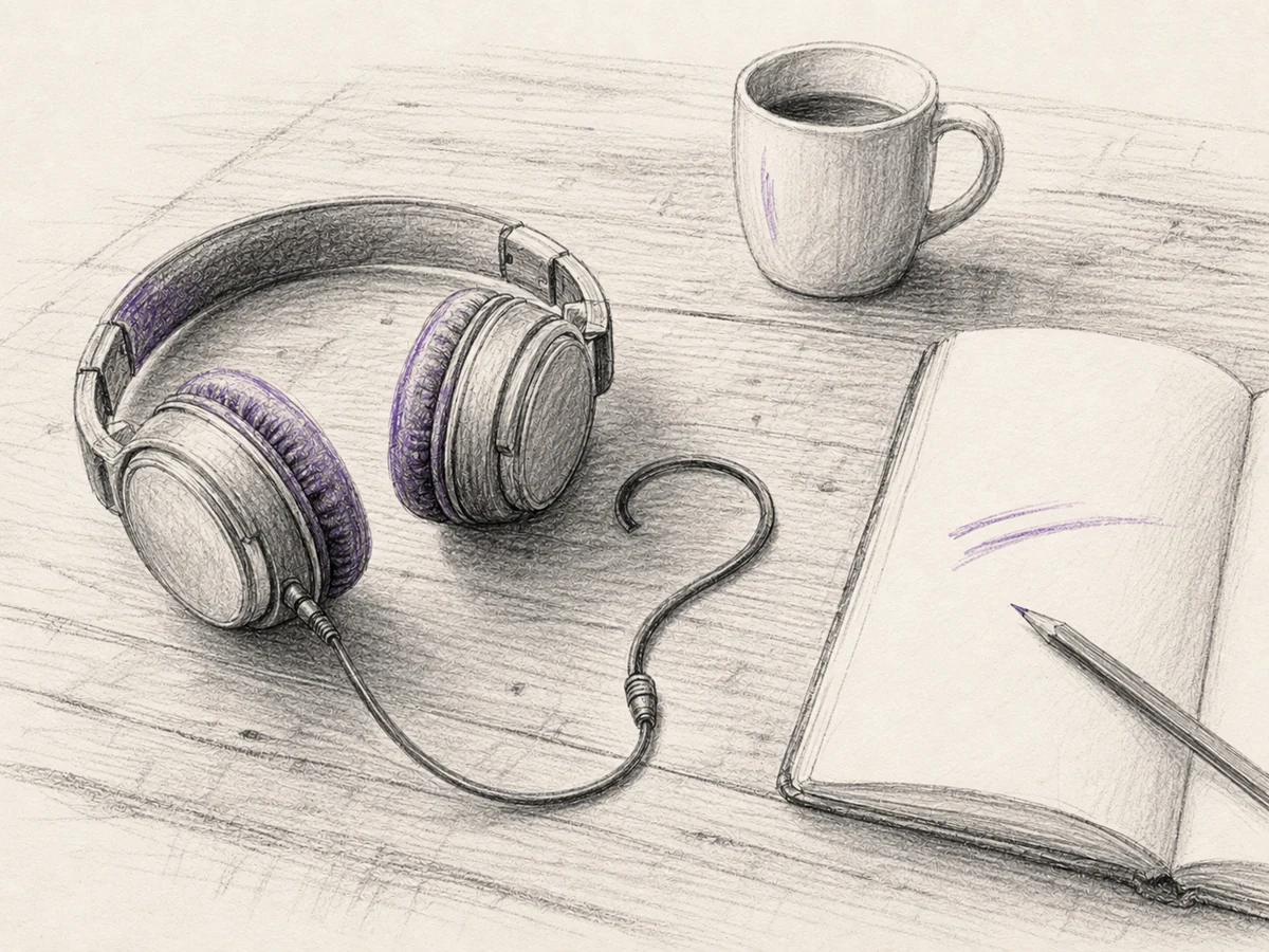 Headphones and a notebook sit on a table as the headphone cable curls into a question mark.
