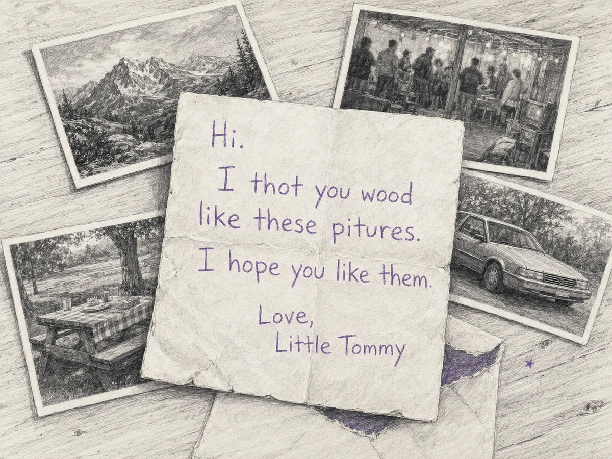 A childlike Little Tommy note with misspelled words lying beside four unrelated old photographs.
