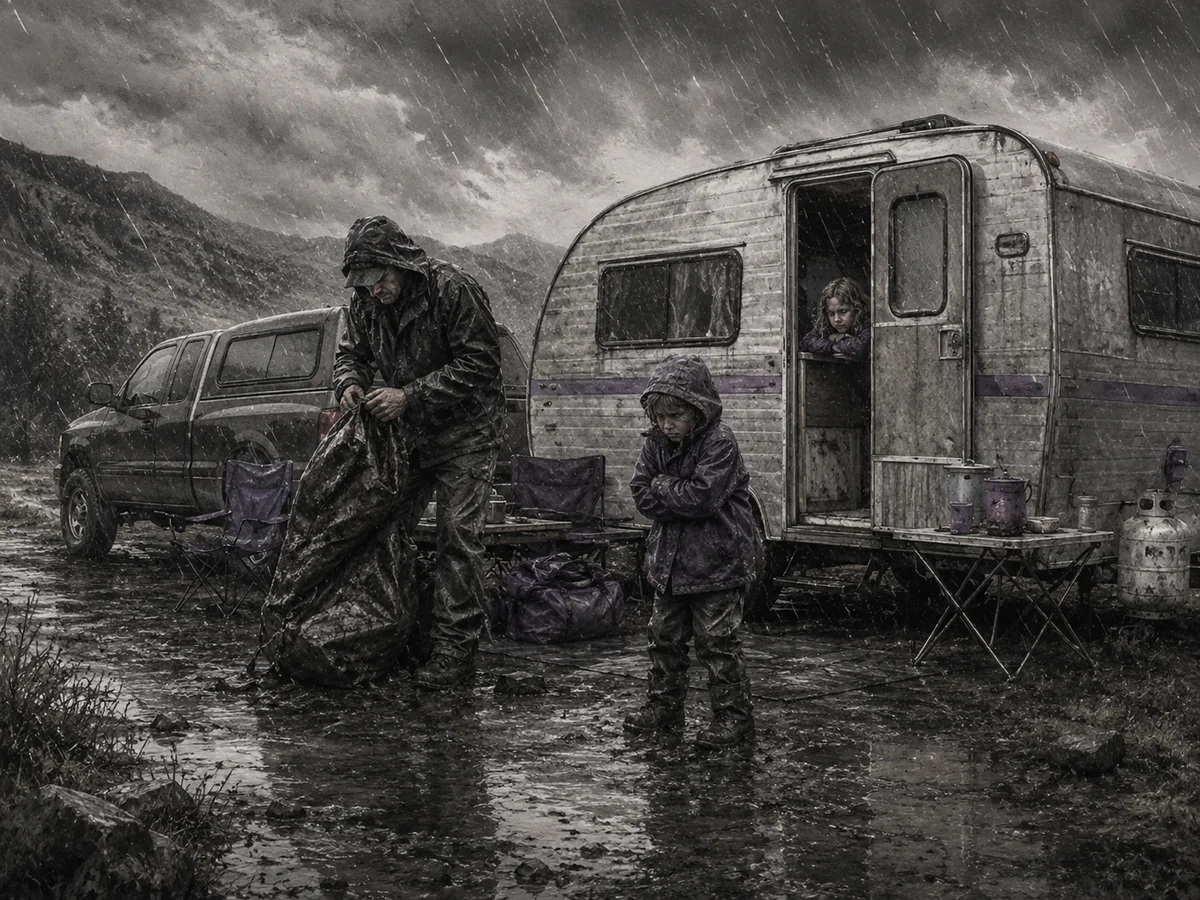 An older father handles wet gear beside a camper while two children wait unhappily in heavy rain.