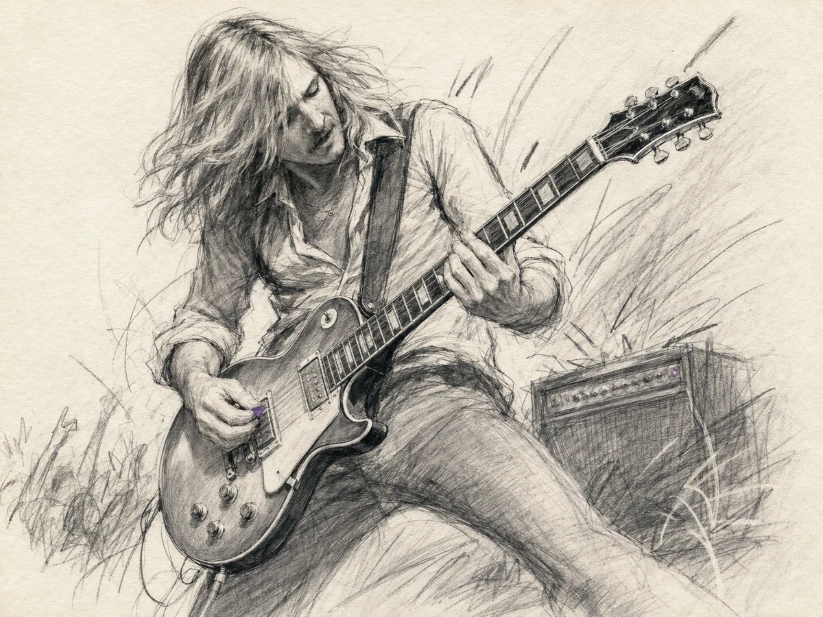 Energetic charcoal sketch of a long-haired guitarist bending into a riff as loose lines vibrate around the instrument.