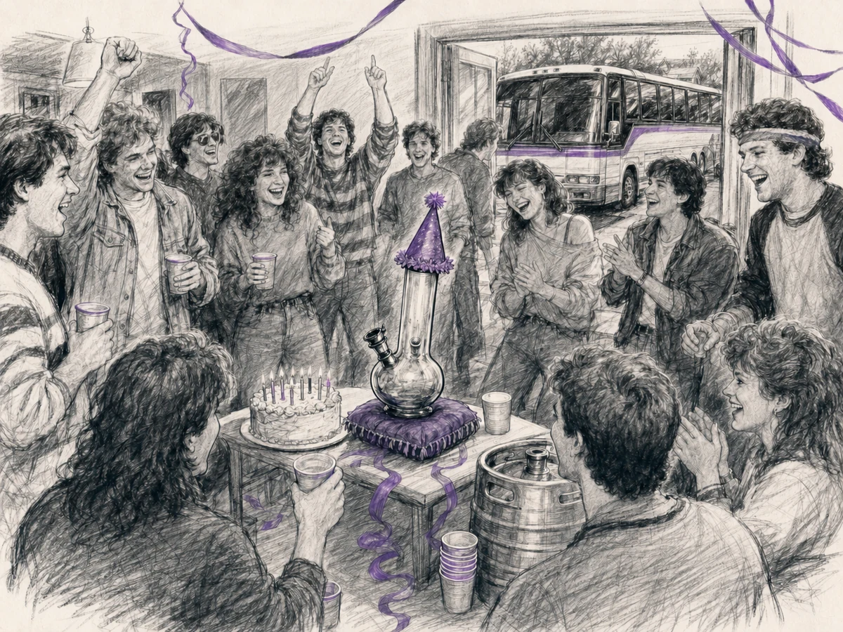 Students crowd around a bong wearing a birthday hat at an elaborate 1980s college-house party.