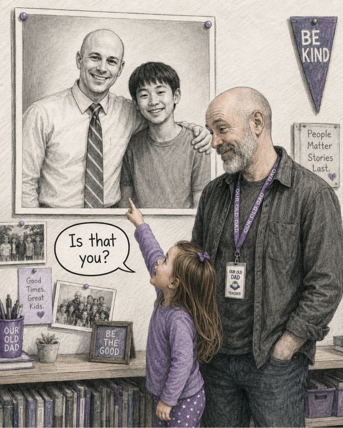 A four-year-old girl points to an old classroom photo of her father and asks if it is him.