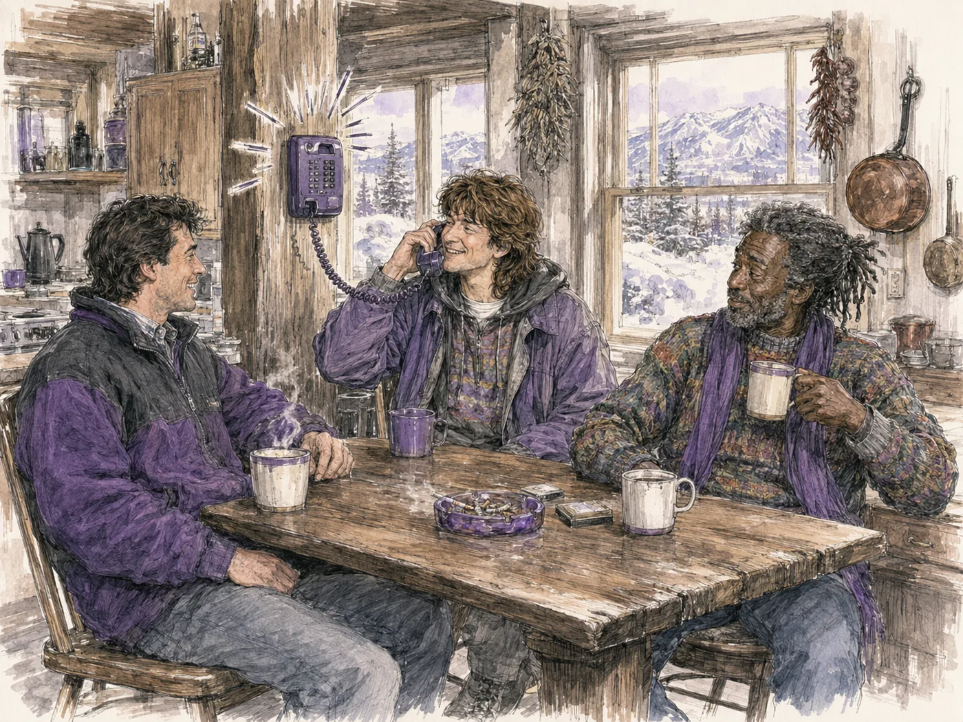 Will, Brent, and Reggie sitting around a Caribou Ranch breakfast table as Todd calls from Boston.