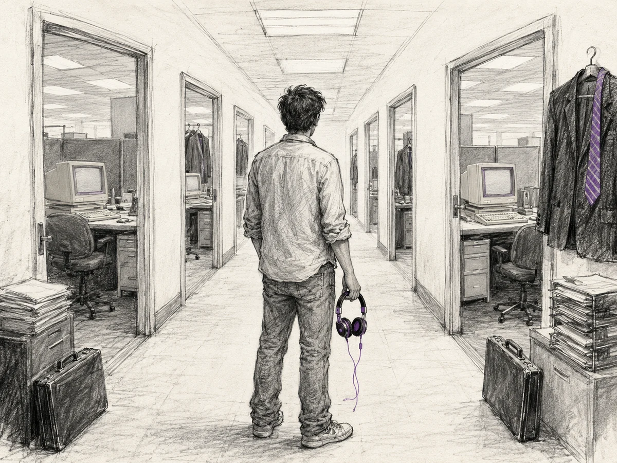 A young man with headphones hesitates before a corridor of offices and conventional career choices.