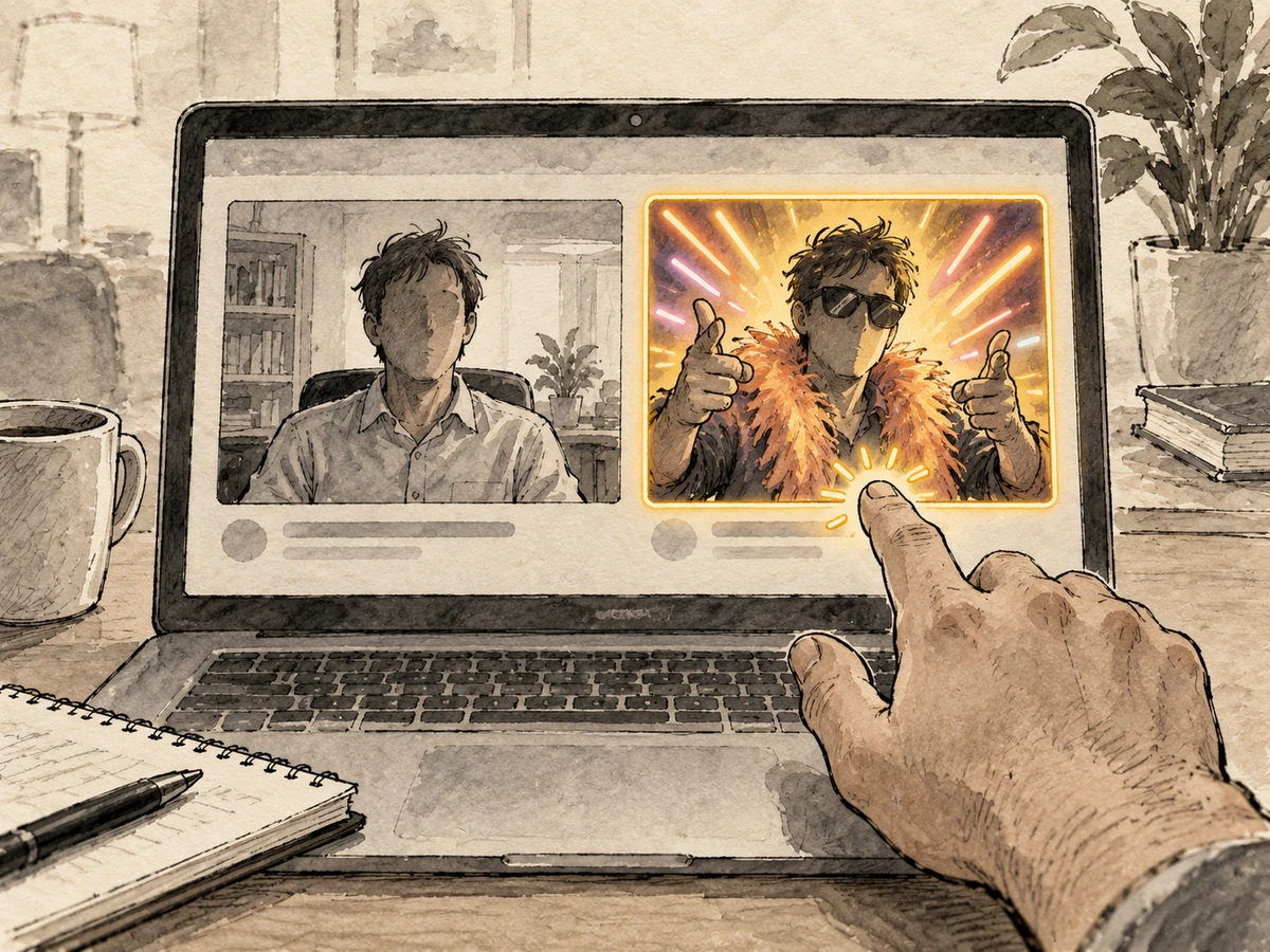 A hand choosing between a plain video thumbnail and an exaggerated glowing version of the same creator.