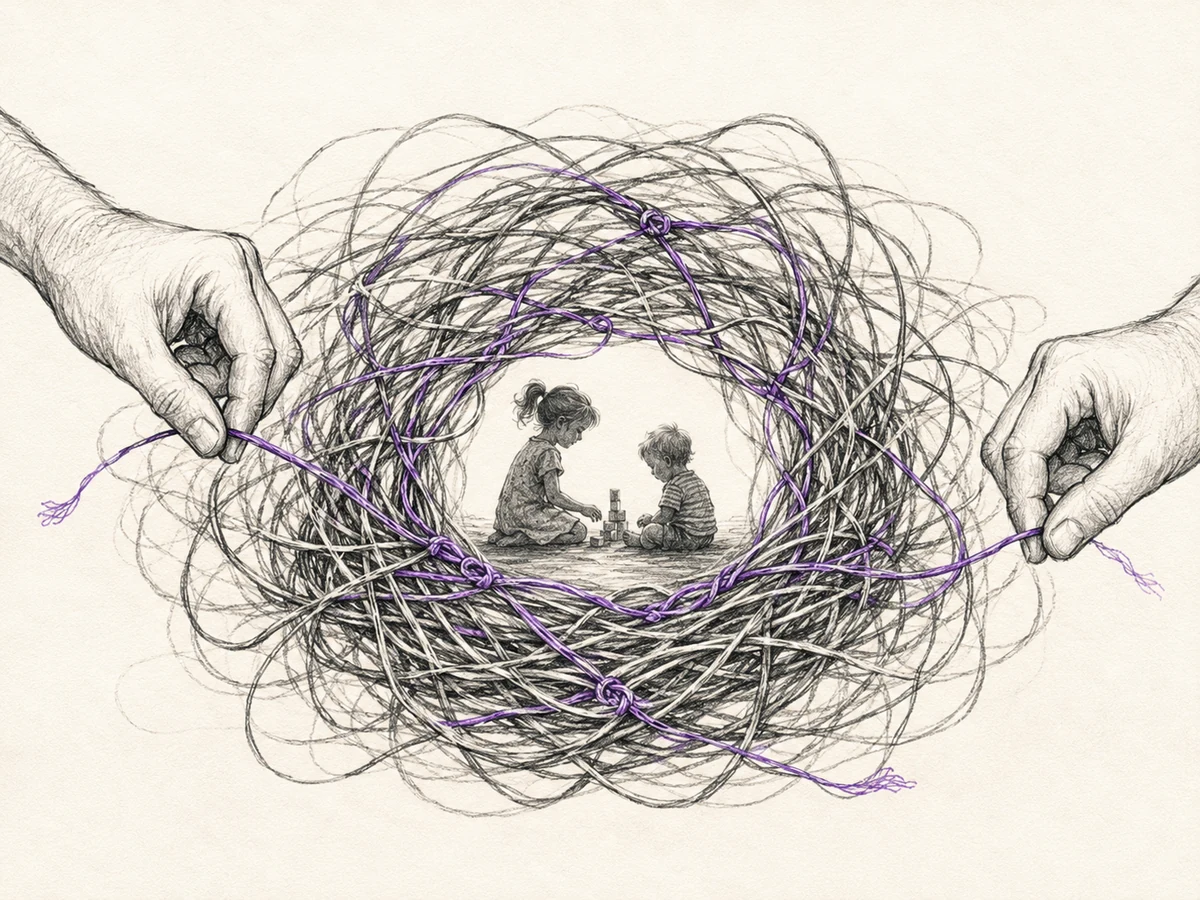 Two hands pull at tangled life threads that also form a protective circle around two children.