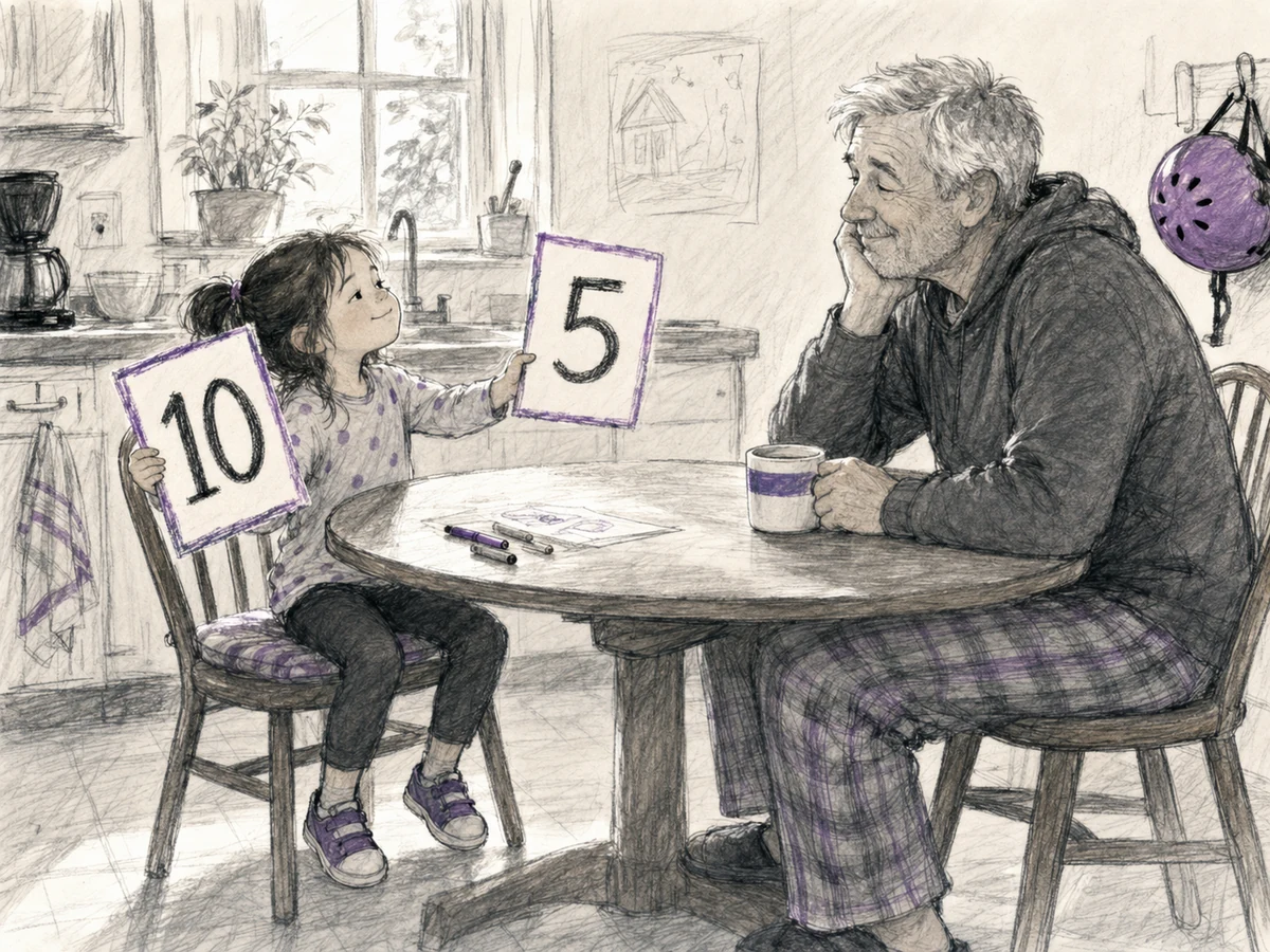 A determined young child presents oversized age numbers to a tired father holding a morning coffee.
