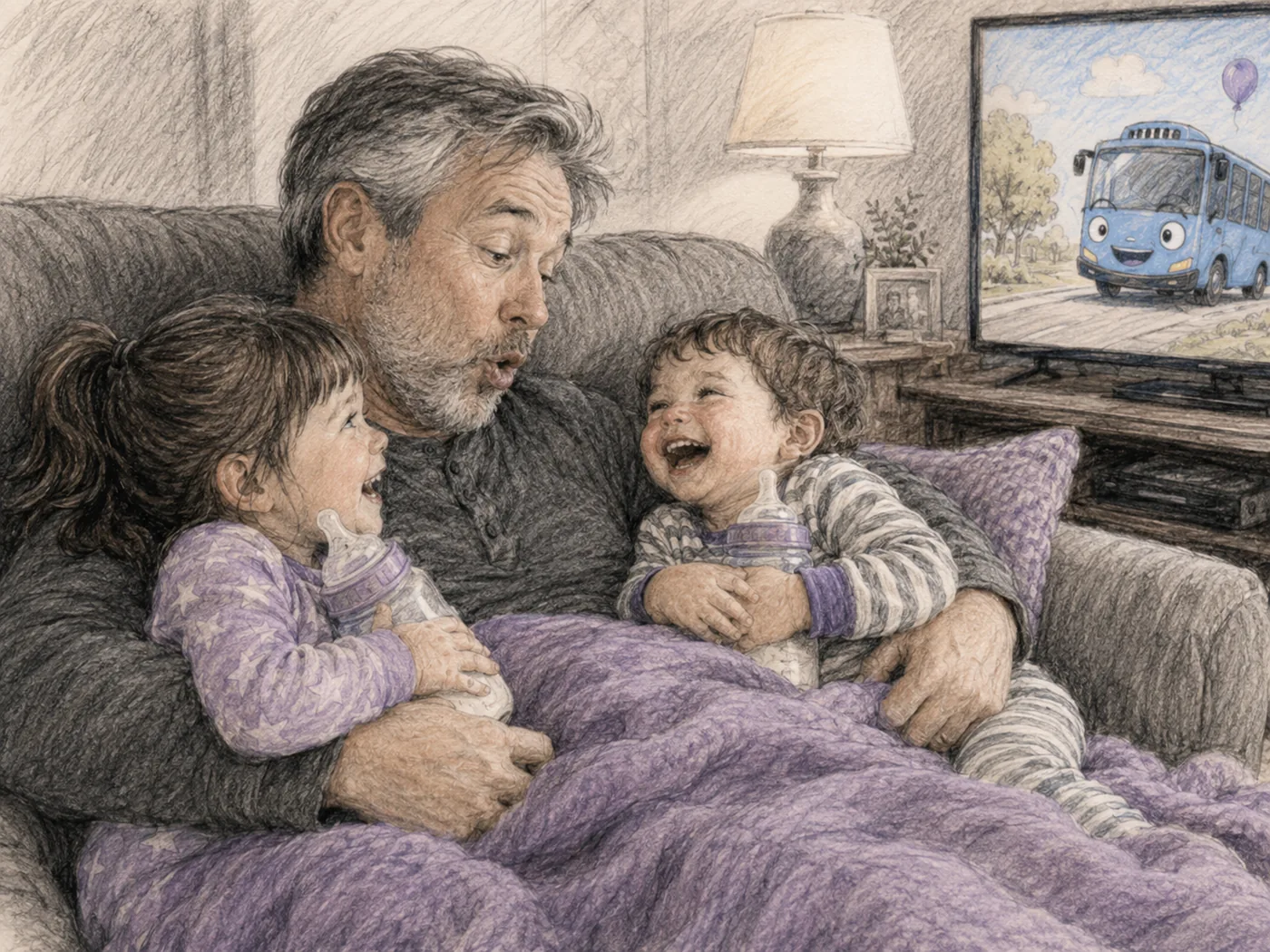 An older dad makes a silly cartoon-bus voice while two small children laugh with bottles on the couch.