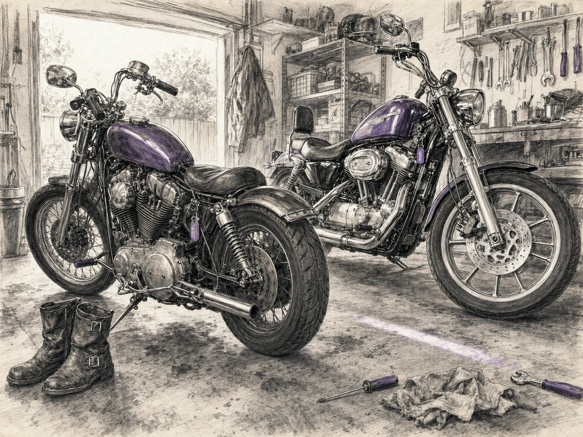 Two motorcycles stand in a cramped garage, including an older Sportster with its unusual foot controls visible.