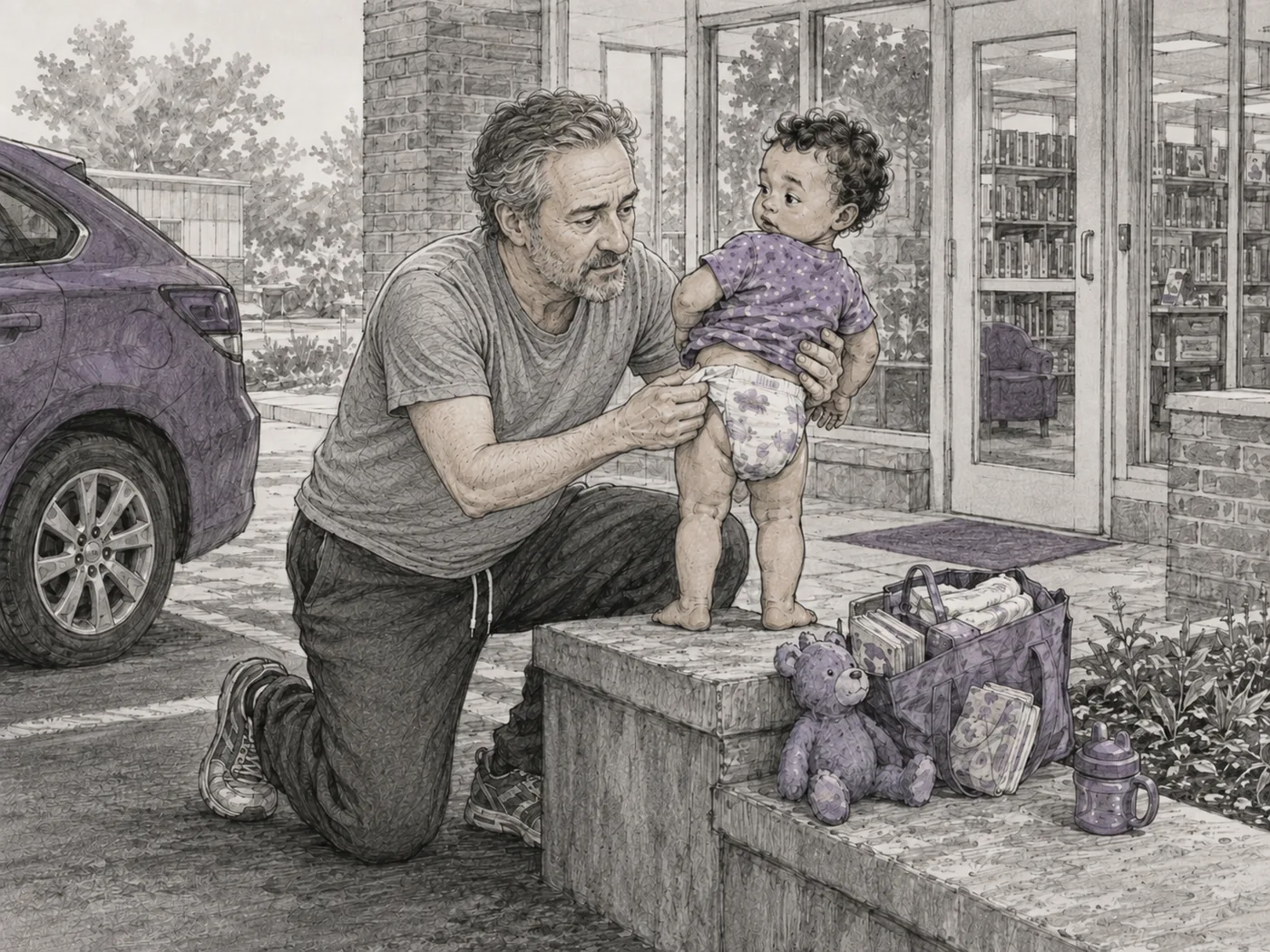 An older father checks his toddler son’s diaper on a ledge outside the library.