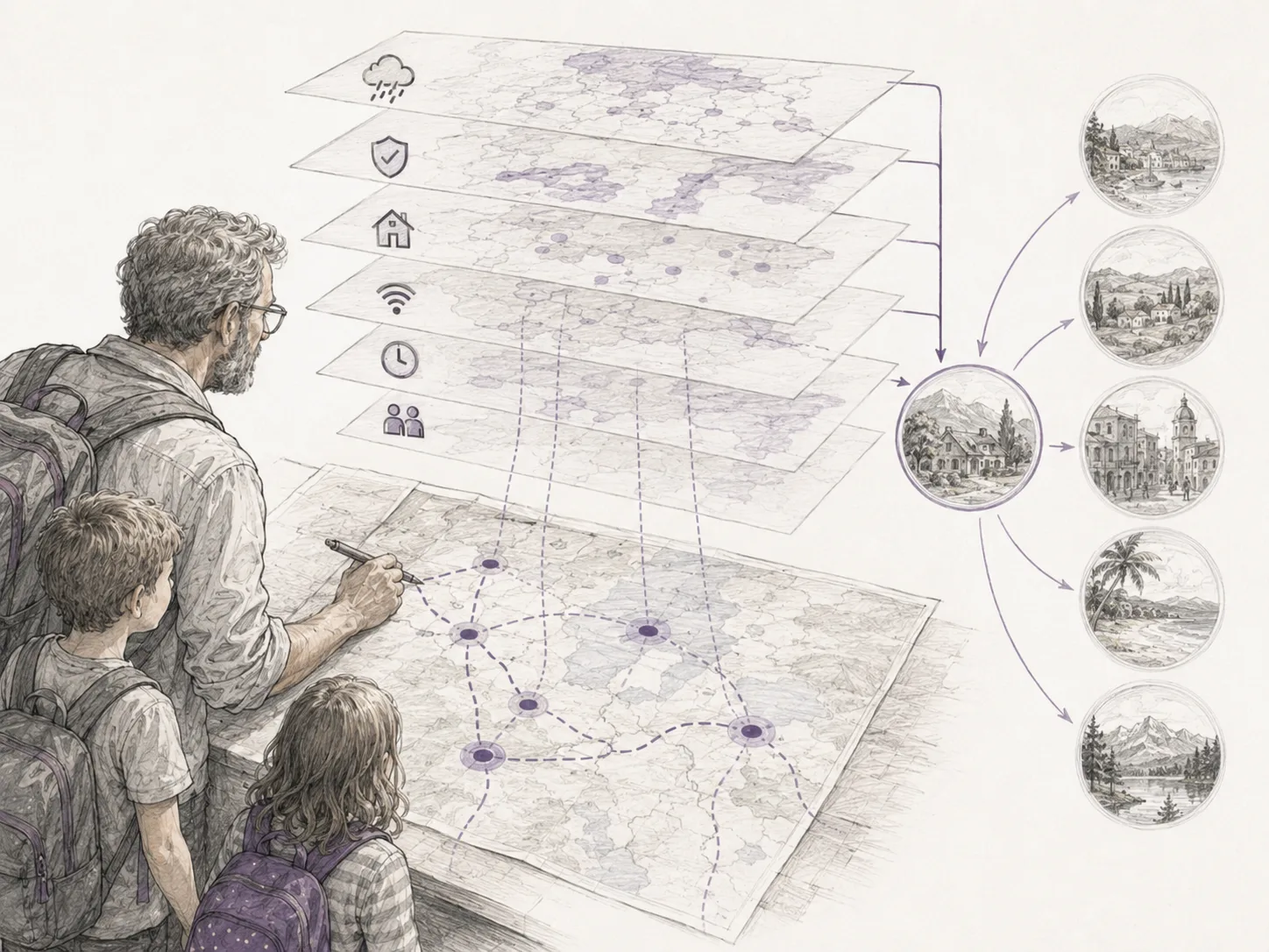 Sketch-style conceptual illustration of an older father and two children using layered map filters for weather, safety, housing, internet, pacing, and family fit.