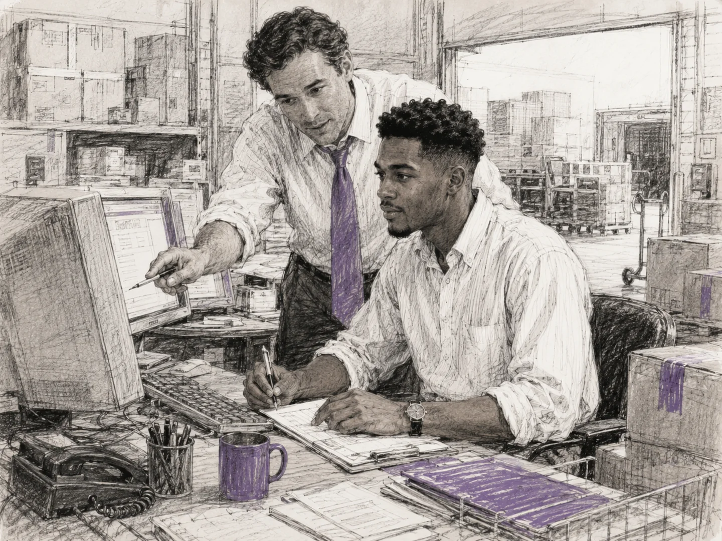 Louis learning an inventory and computer system beside his manager in a 1990s shipping office.