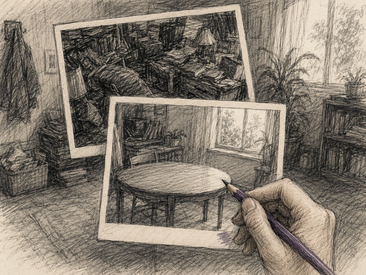 A hand using a purple pencil to choose one framing of the same cluttered everyday scene.