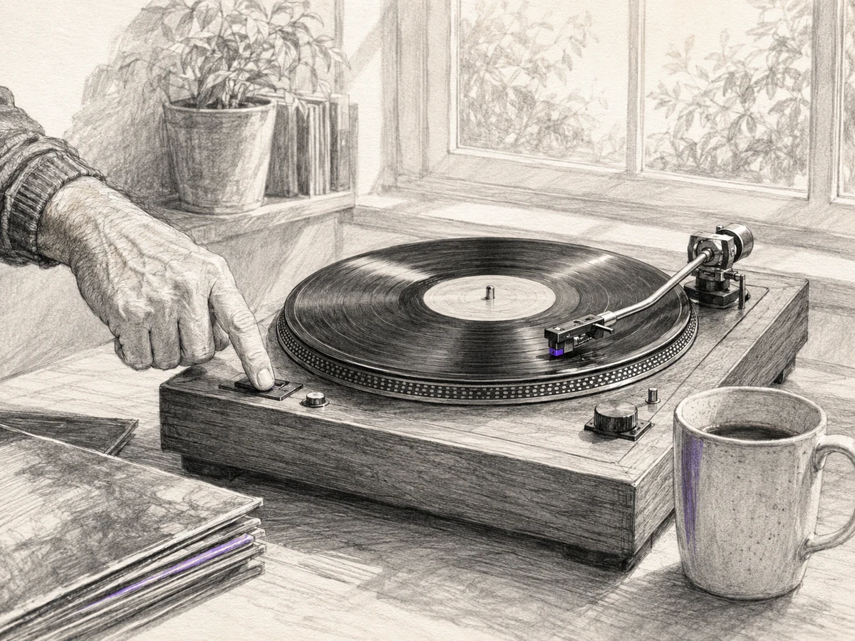 Charcoal sketch of a turntable playing in early morning light as an anonymous listener reaches to replay the record, with sparse purple accents.