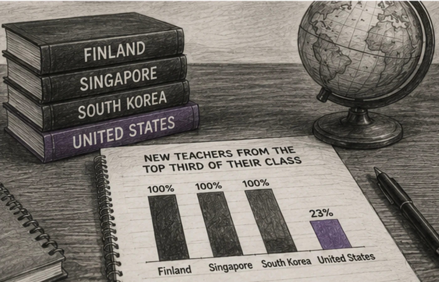 Books labeled Finland, Singapore, South Korea, and United States beside a chart showing the share of new teachers drawn from the top third of their class.