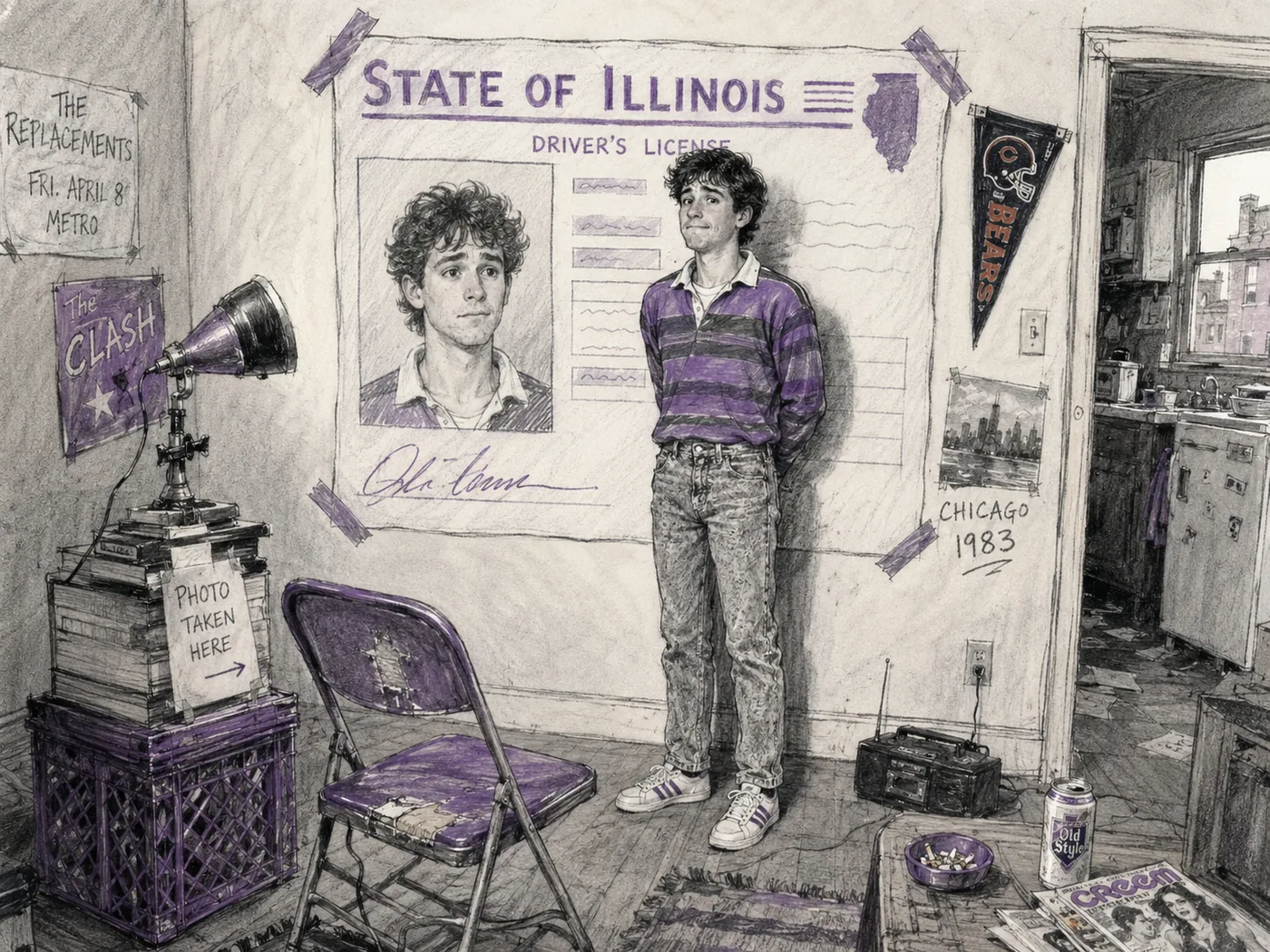 A sheepish teenage boy poses in front of an oversized state driver’s license poster in a shabby Chicago apartment.
