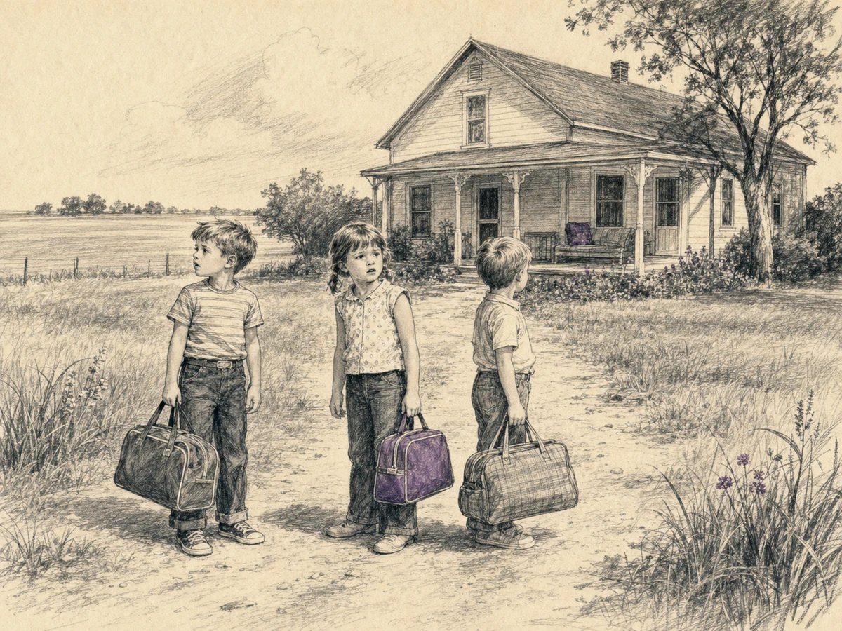 Three children carrying overnight bags approach a relative’s farmhouse in flat Illinois farm country.