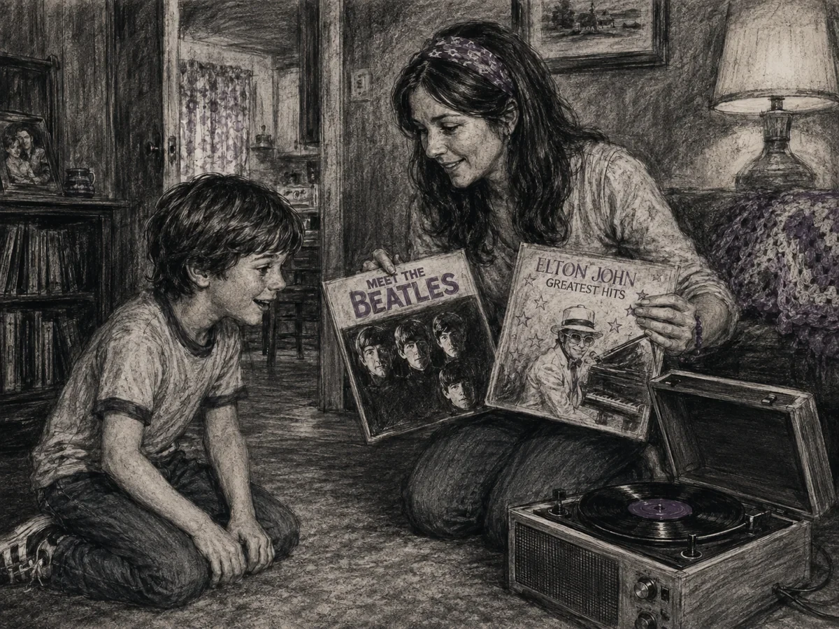 Charcoal sketch of a mother giving her young son two record albums beside a small one-piece phonograph, with restrained purple details.