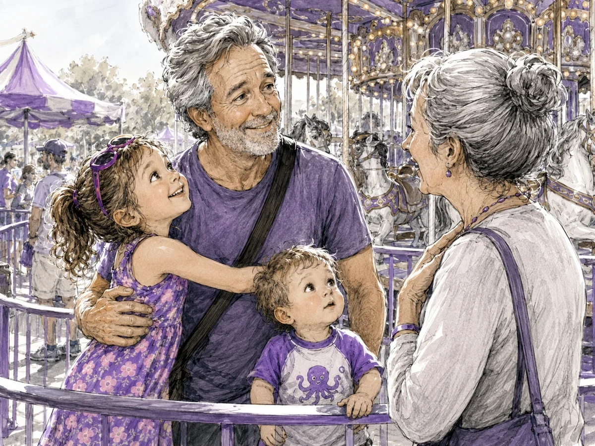A little girl hugs her older father beside a carousel while an older woman realizes the children are his, not his grandchildren.