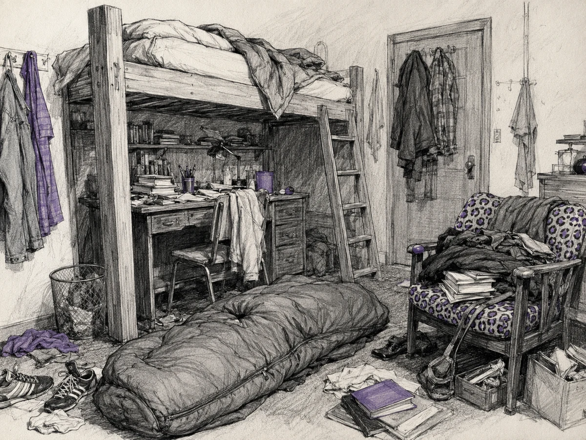 Inside a chaotic freshman dorm room with a wooden loft bed, clothes hanging from nails, a buried desk, a leopard-print chair and an ambiguous sleeping bag on the floor.
