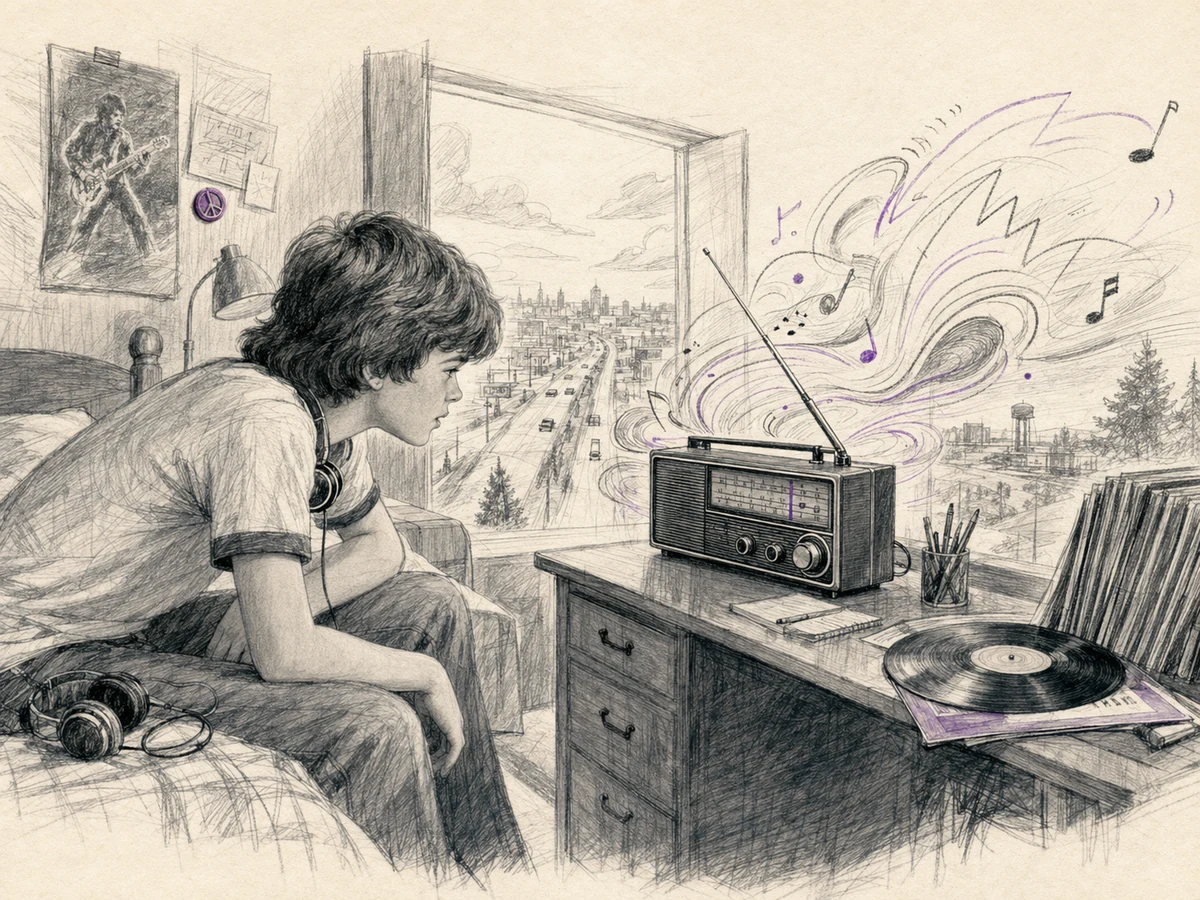 Charcoal sketch of a junior-high-age kid leaning toward a small FM radio in a 1977 bedroom as the music seems to open the room outward.