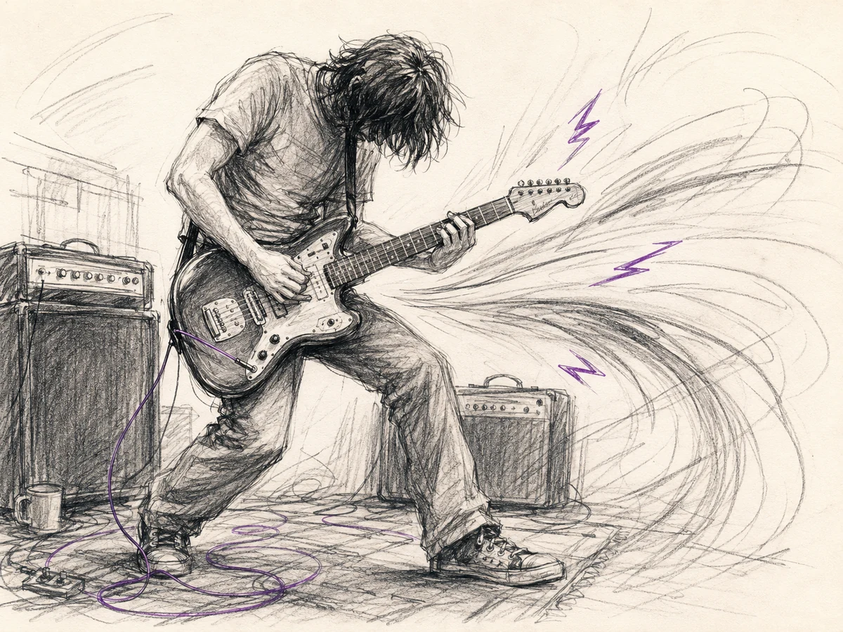 Bright charcoal sketch of an anonymous guitarist leaning into an electric guitar as amplifier lines surge across light paper, representing The Bends.