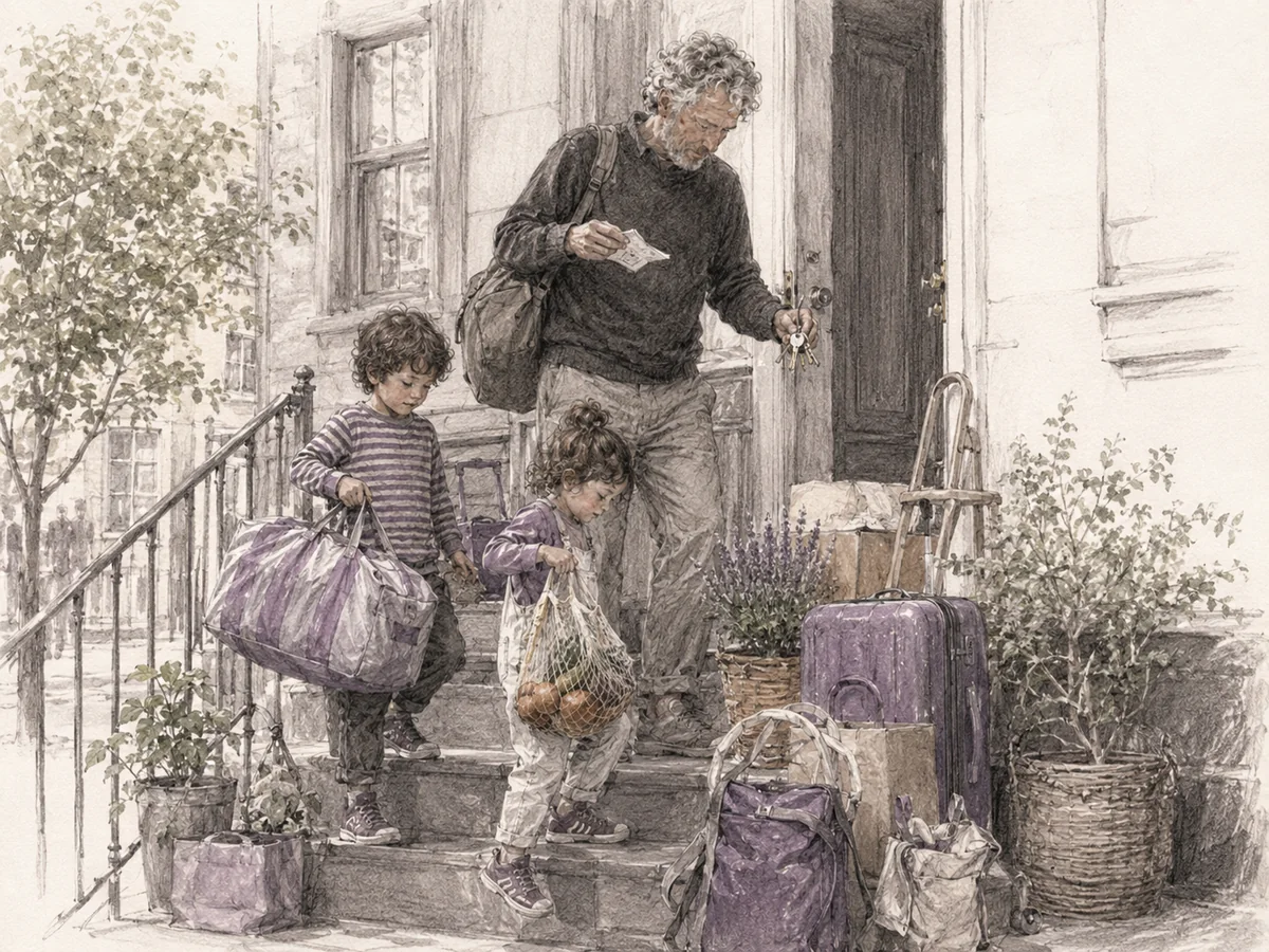 Sketch-style illustration of an older father and two young children arriving at a temporary apartment with luggage, groceries, keys, and move-day supplies.