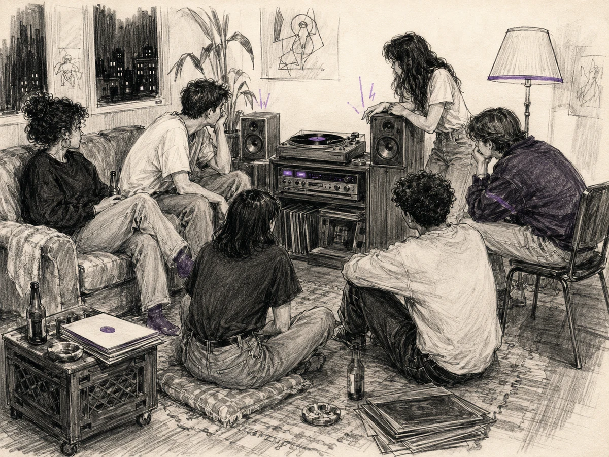 Young adults sitting quietly around a turntable and stereo in a crowded apartment after the music changes the room.