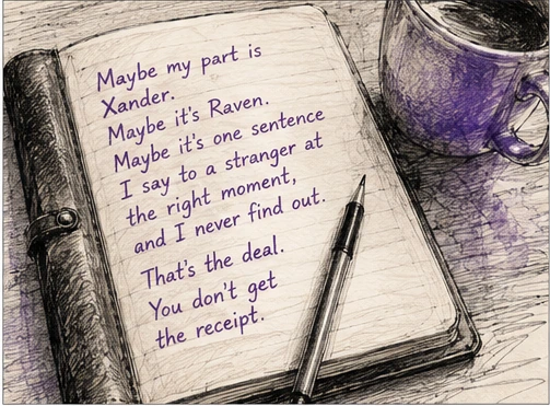 Sketch illustration of an open notebook beside a purple mug, with handwritten lines about maybe being Xander, Raven, or one sentence to a stranger, ending with ‘You don’t get the receipt.’