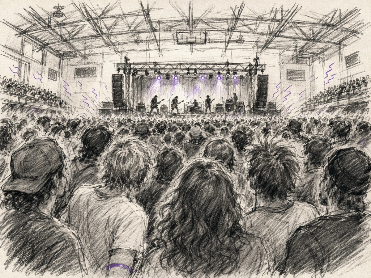Loose charcoal sketch from inside a packed 1993 Colorado fieldhouse concert, with a distant stage, moving crowd, and sparse purple lights.