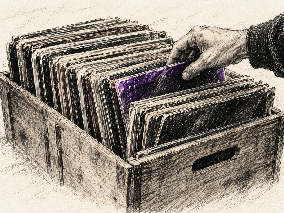A hand browsing a crowded wooden crate of vinyl records, selecting a sleeve with a purple accent.