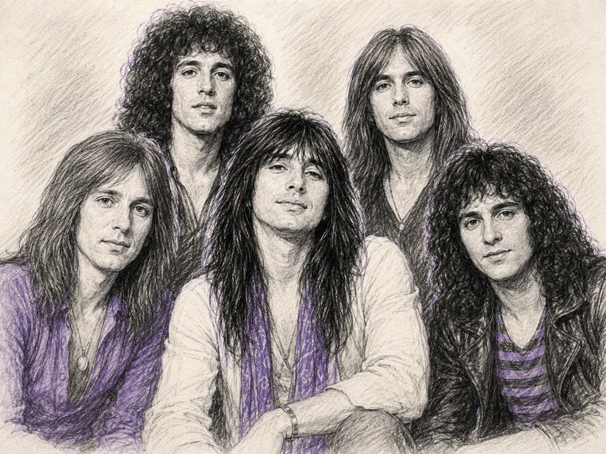 Pencil-sketch group portrait of five Journey band members from the classic Steve Perry era, with restrained purple accents.