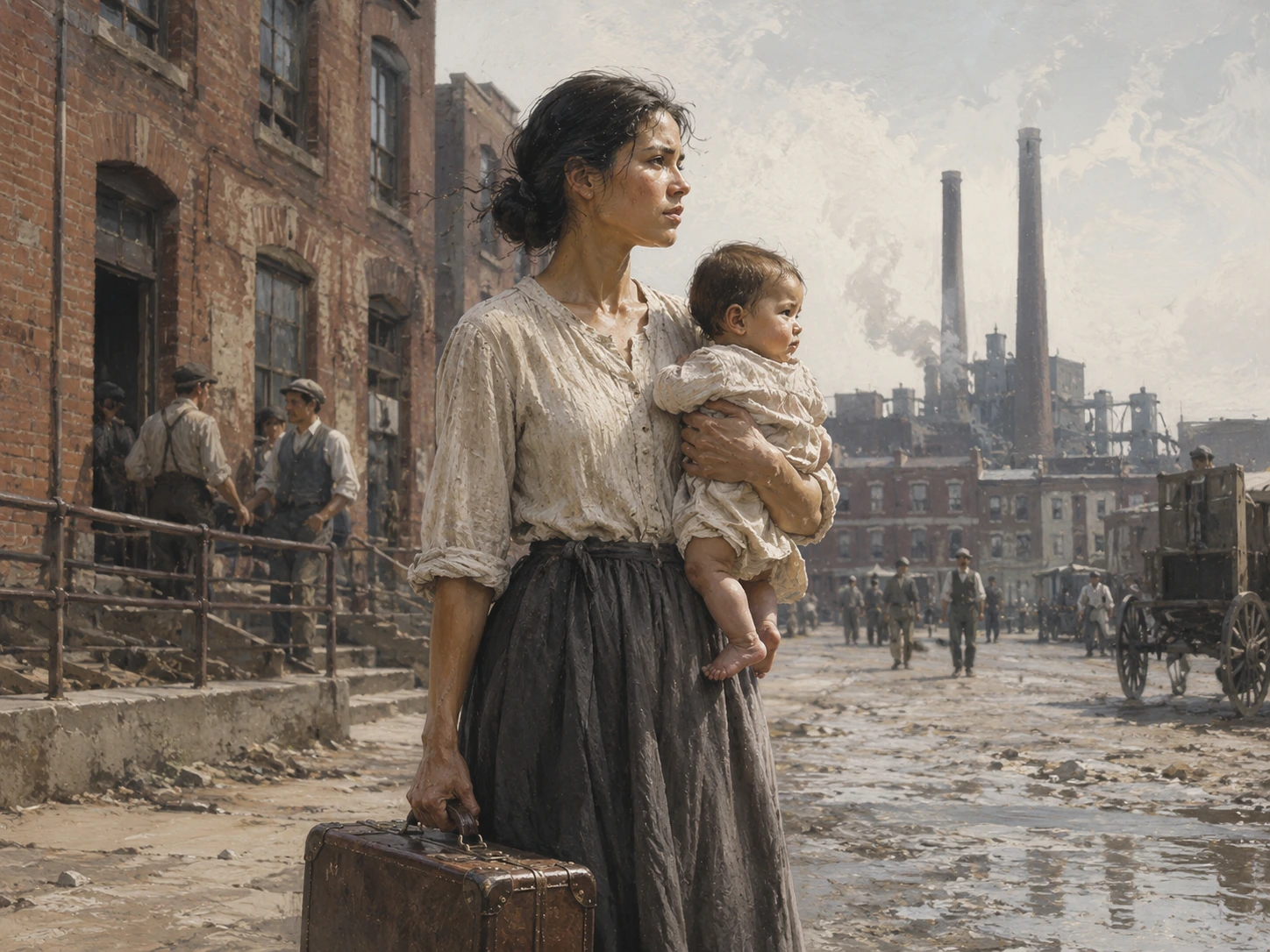 A young widowed mother holding a baby and suitcase in an industrial Chicago street.