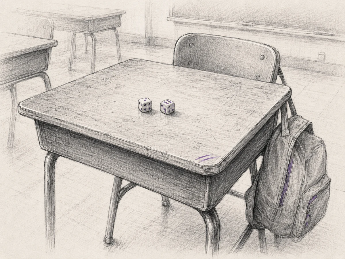Two dice rest on a scratched school desk beside a backpack hanging from the chair.