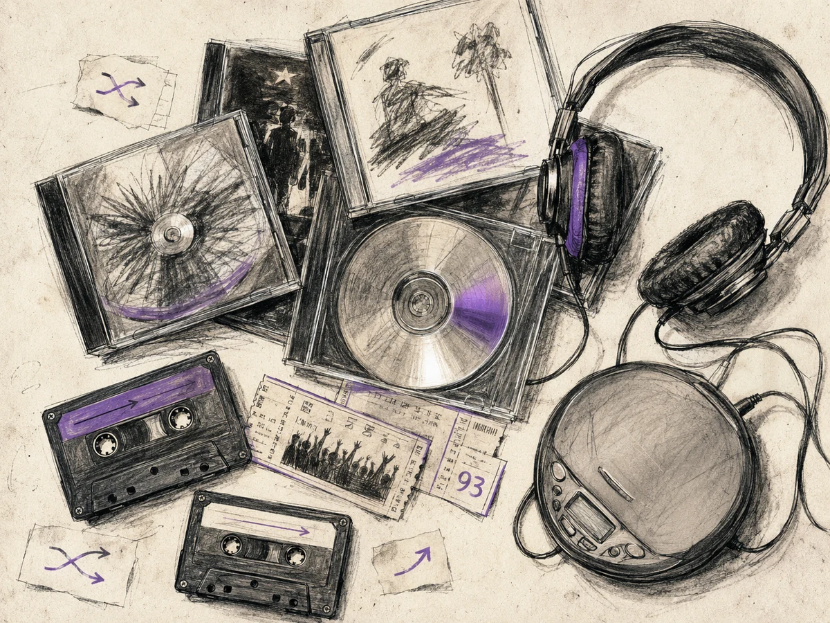 Overhead charcoal drawing of a disorderly 1993 music pile containing CDs, cassettes, ticket stubs, and headphones from clashing genres.