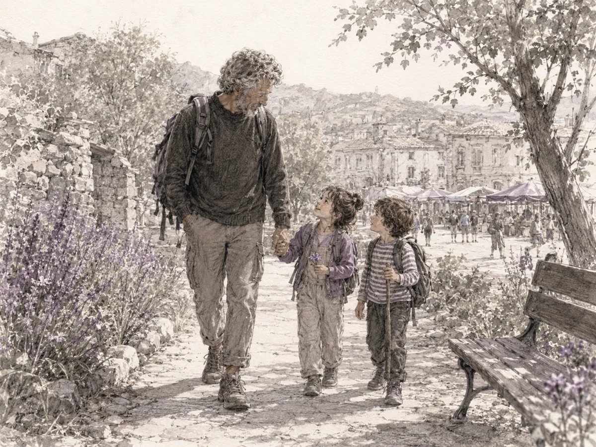 Sketch-style illustration of an older father walking with two young children through a quiet village path with a market square in the distance.