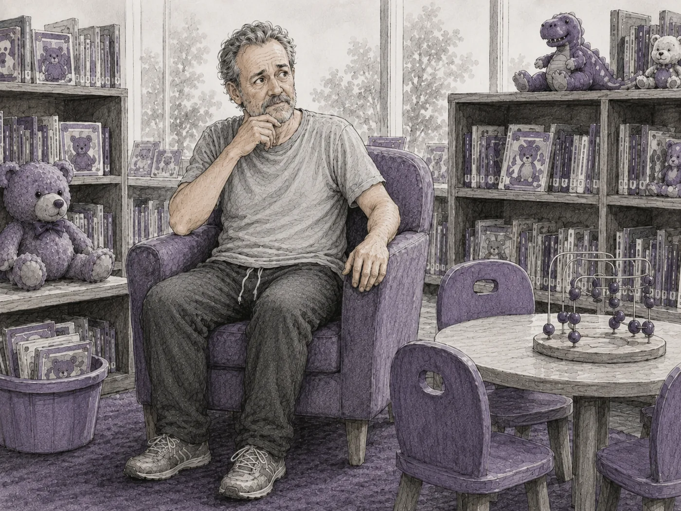 An older father sits alone in a children’s library chair, thinking through the unresolved smell.