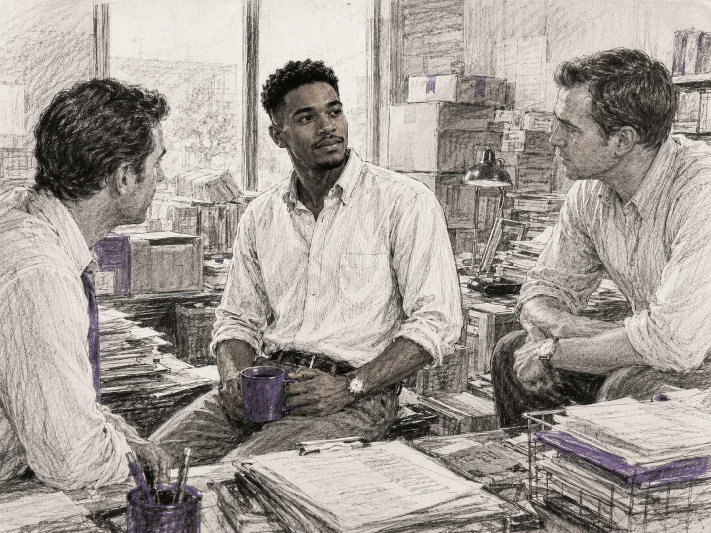 Louis speaking with two men in a cluttered shipping office during the company’s final days.